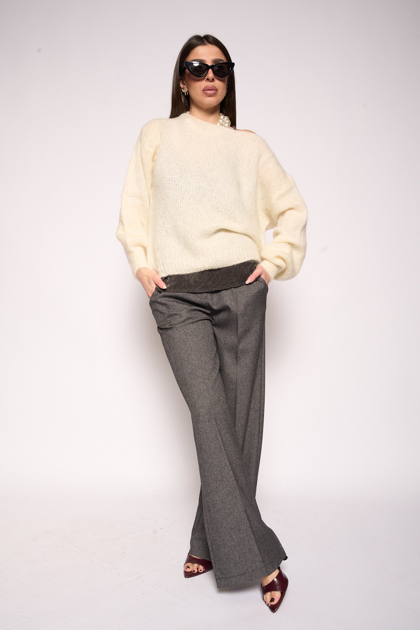 Maglione scollo panna