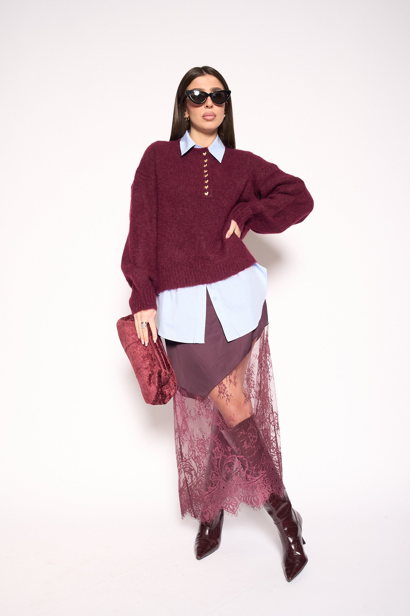 Gonna pizzo bordeaux