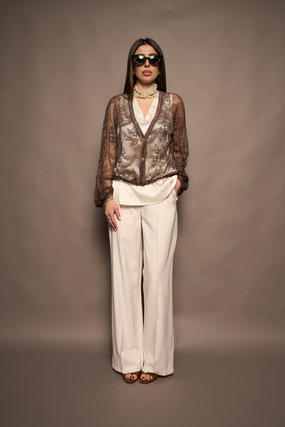 Cardigan pizzo marrone