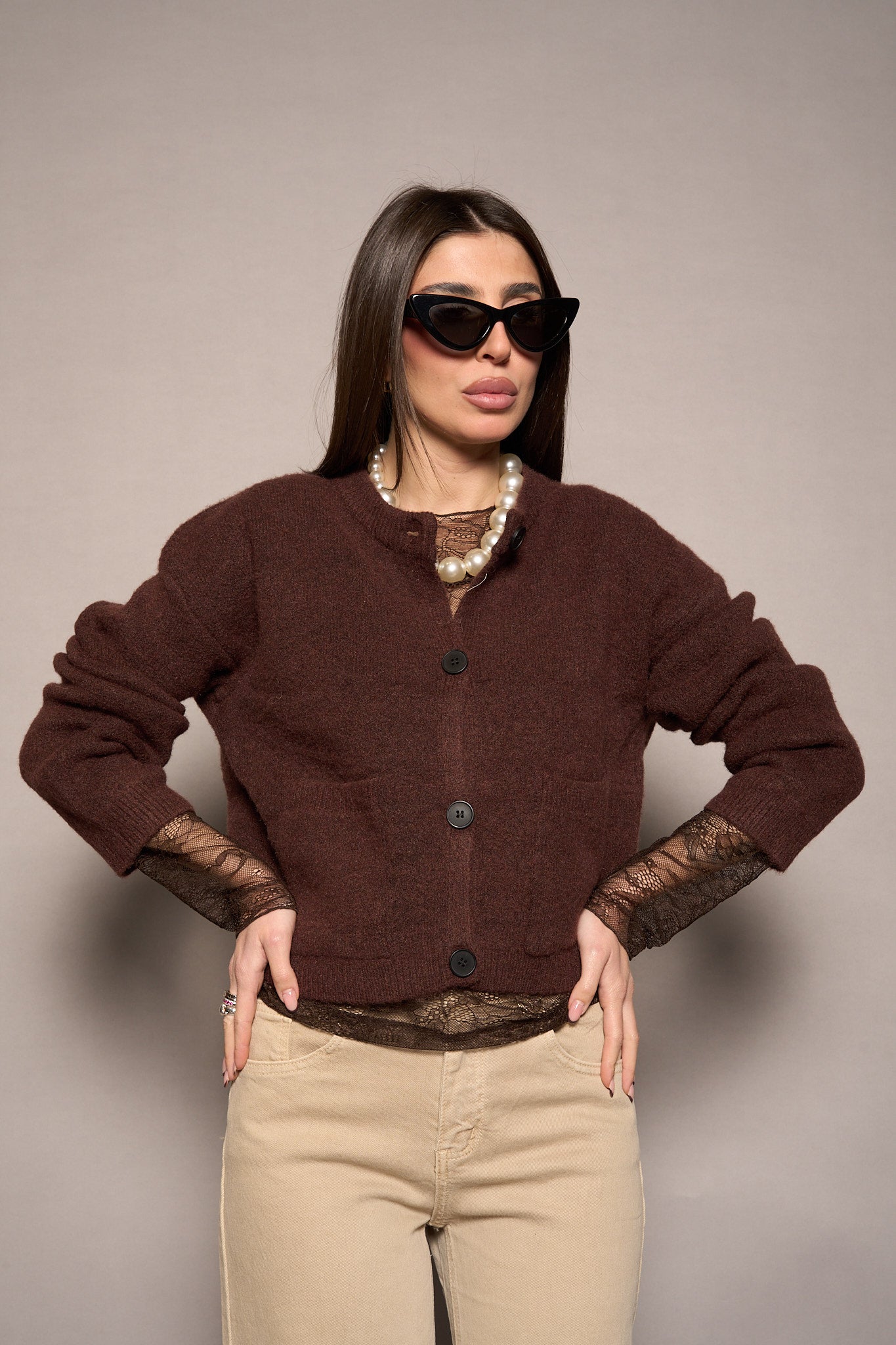 Cardigan tasche marrone