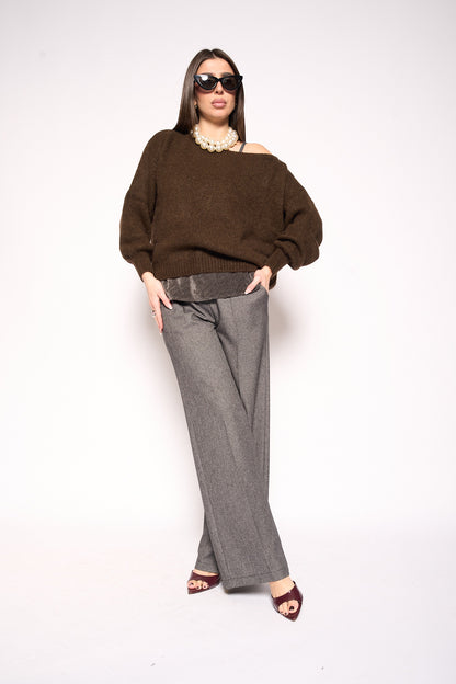 Maglione scollo marrone