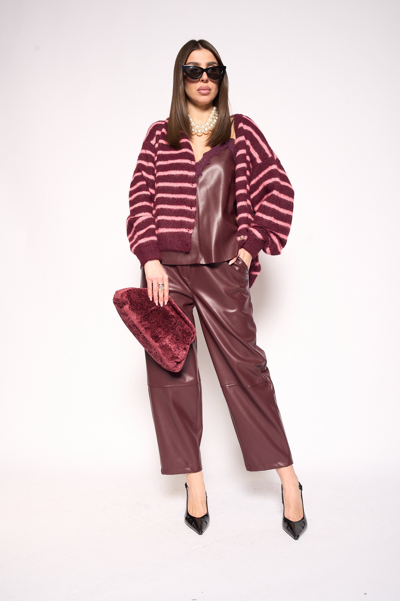 Cardigan righe bordeaux