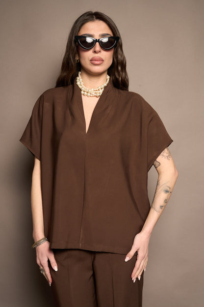 Blusa scollo a V marrone