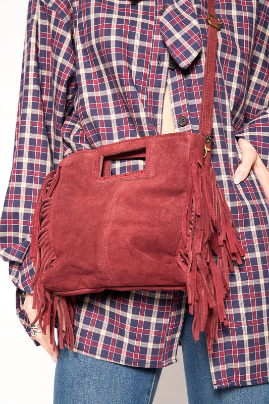 Borsa frange vera pelle bordeaux